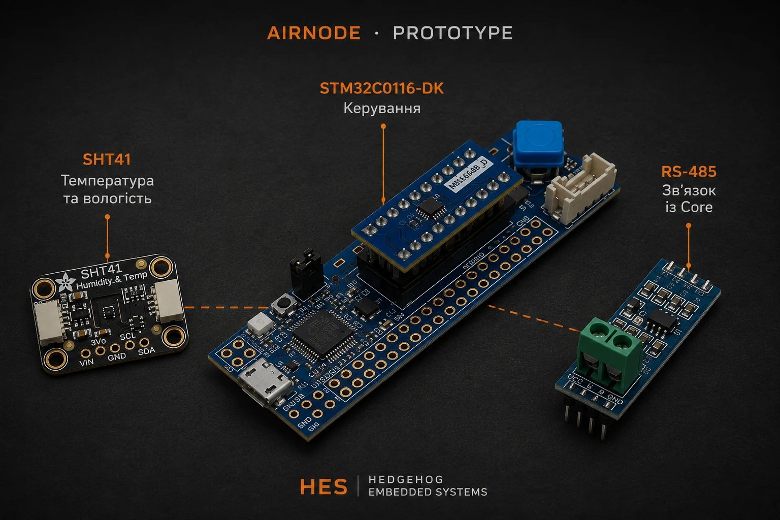 Прототип AirNode зі STM32C0116-DK, SHT41 та RS-485